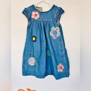 Mini Boden Blue Dress with Colorful Floral Appliqués